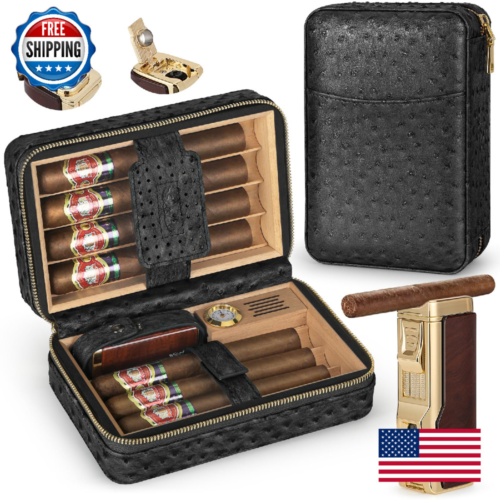Scotte Cigar Humidor Box, Cigar Lighter Cedar Wood Lined Leather Cigar Case Buil