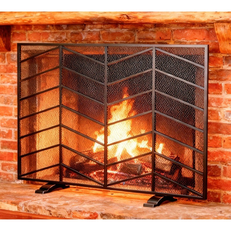 Single Panel Handcrafted Wrought Iron Mesh Chevron Fireplace Screen Fire Spark