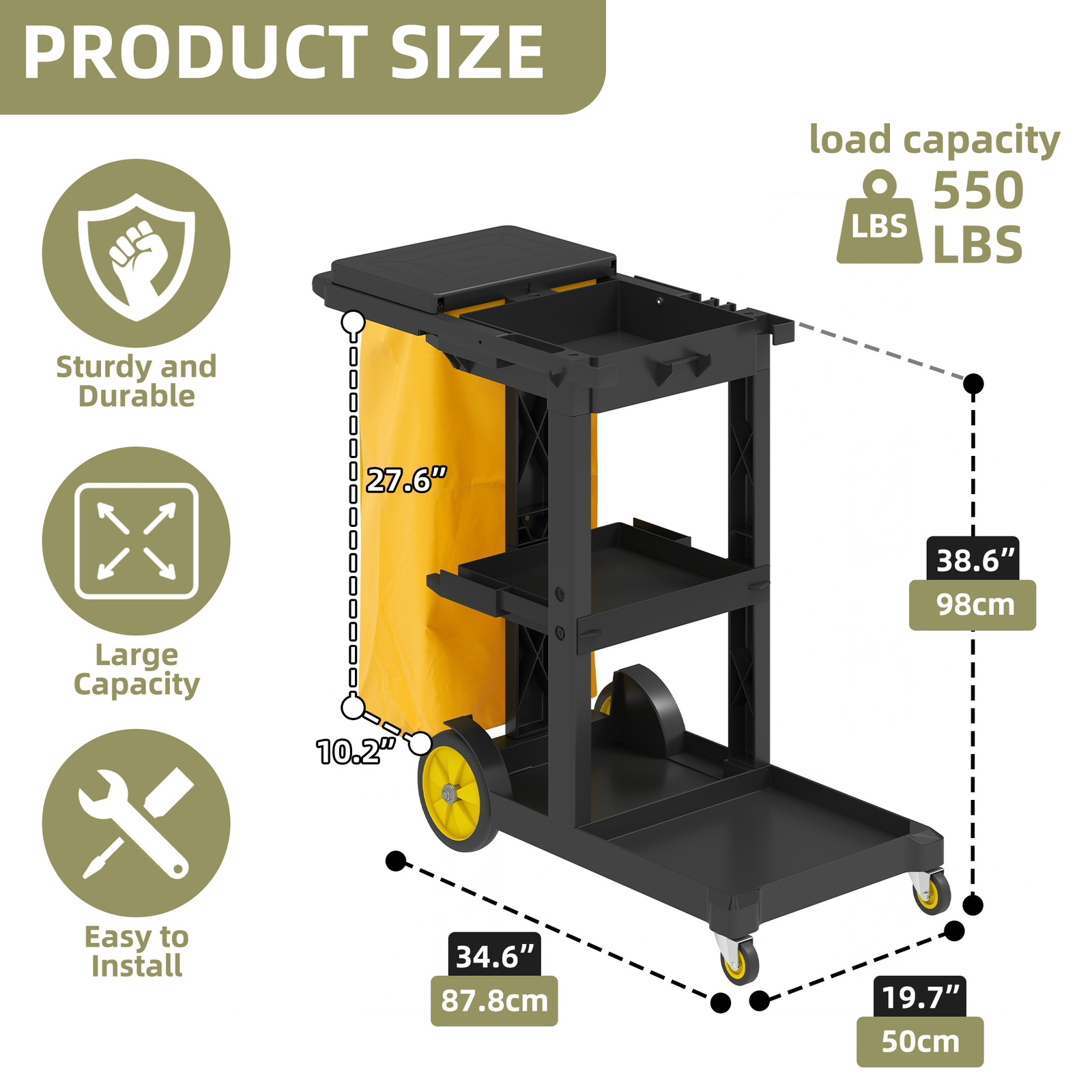 Industrial Janitorial Utility Cart 3 Shelf Rolling Cleaning Cart with Trash Bags