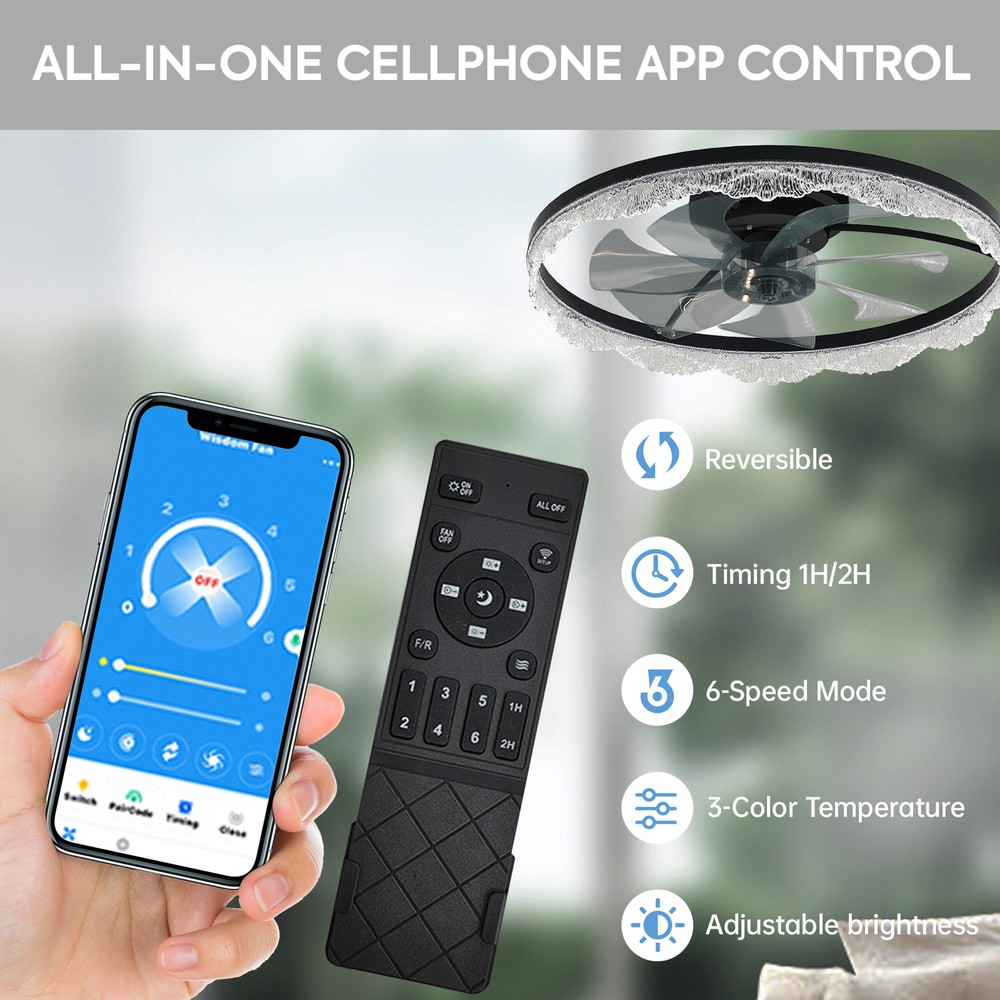 24" Ceiling Fan LED Light Flush Mount Modern Fixture kit With Remote APP Control
