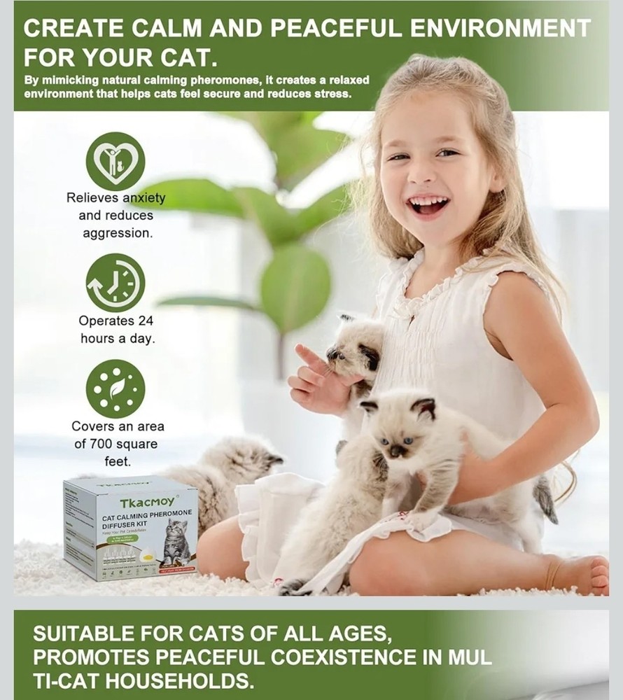 TkacmoyCat Calming Diffuser, 4-in-1 Pheromone Refills for Anxious Cats,...