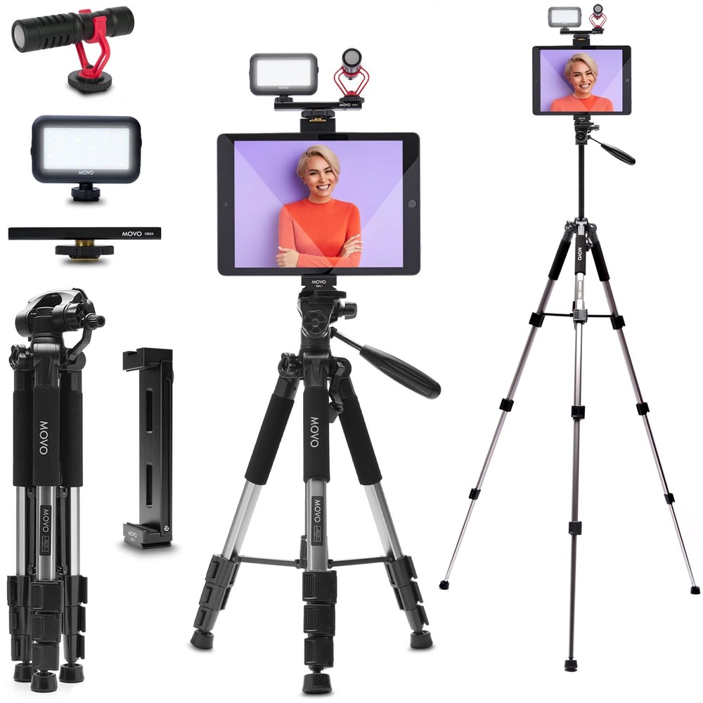 Movo Tablet Vlogging Kit for iPad Tablet Full Size Tripod, Microphone, LED Light
