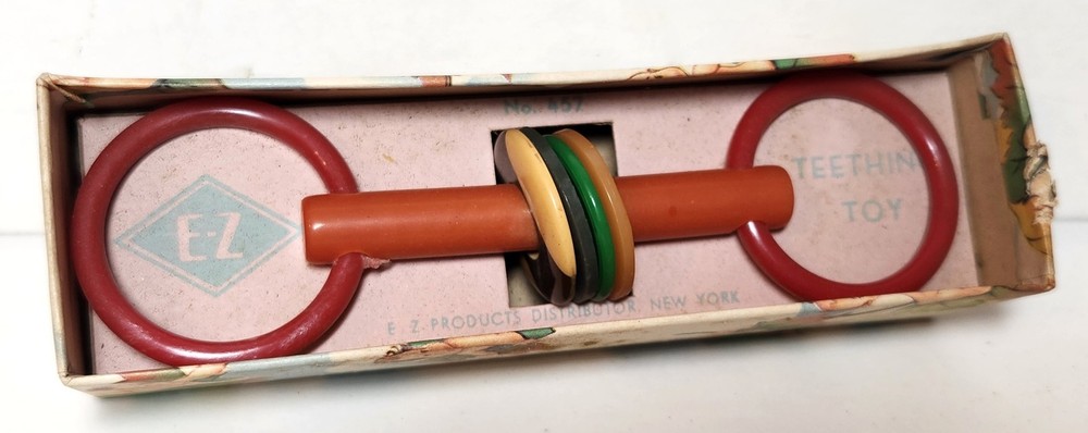 Bakelite Teething Toy Rattle in Box