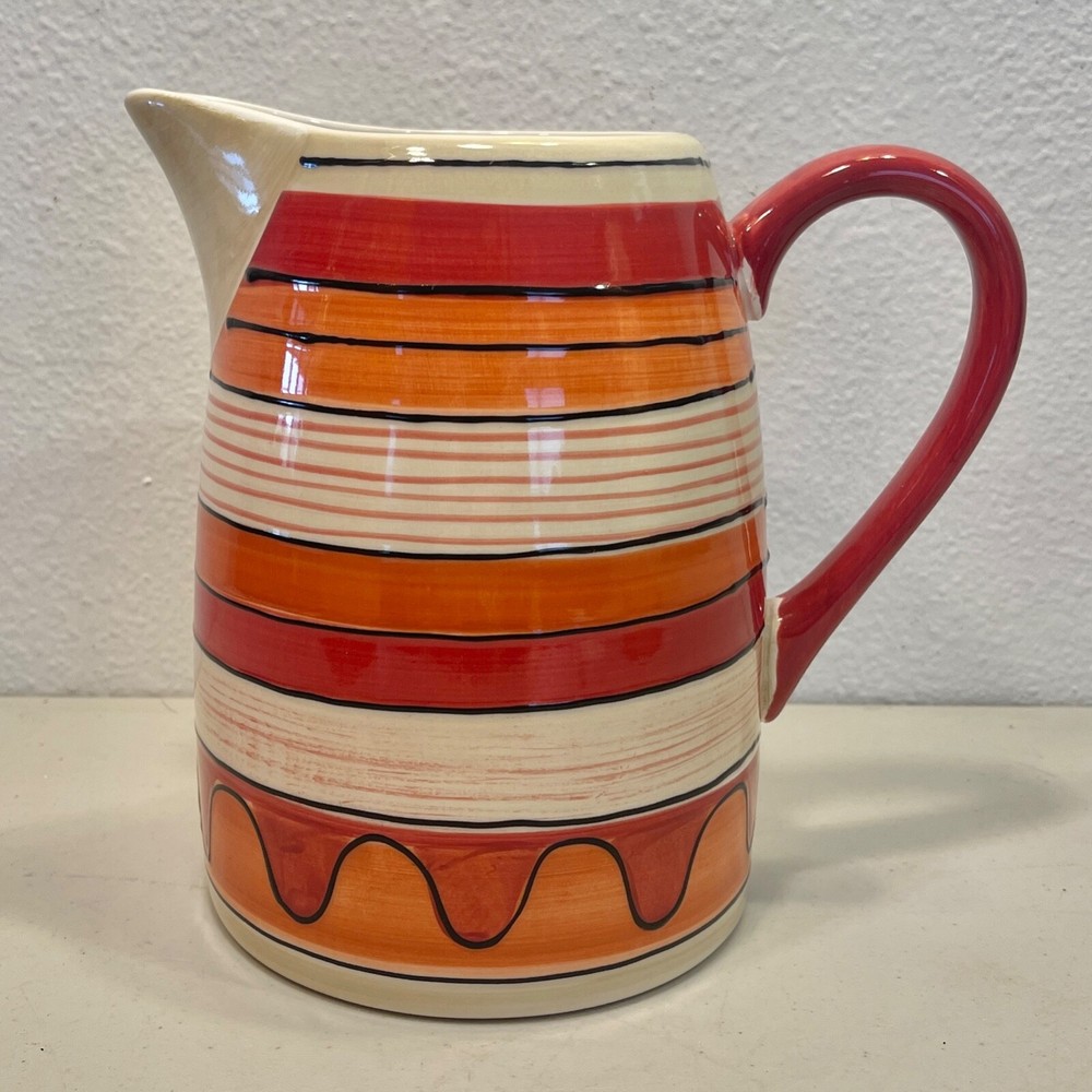 PFALTZGRAFF Pitcher Hot Salsa Dinnerware Stoneware Stripes Orange Red 80 Oz