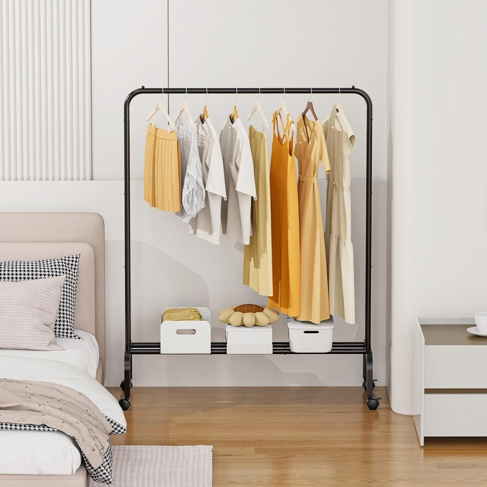 Sturdy Portable Wardrobe Rack - Rolling Black Clothes Rail with Lockable Wheels