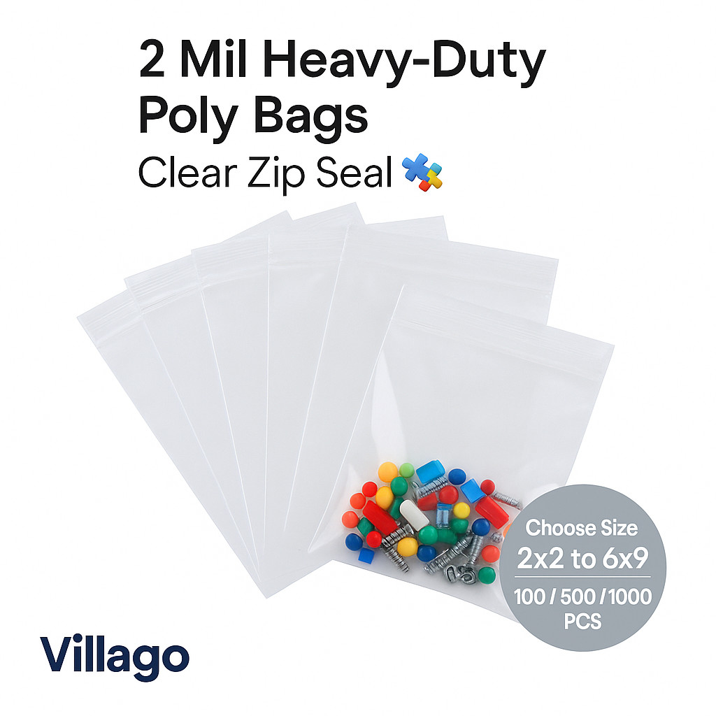2 Mil Clear Resealable Zip Bags by Villago | Poly Plastic | 2x2–6x9 | Bulk Packs