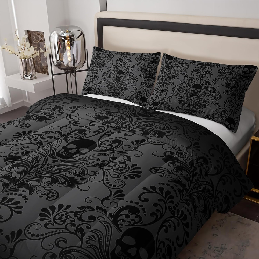 Skull Bedding Set - King Size Gothic Boho Comforter Set with Skull Pattern
