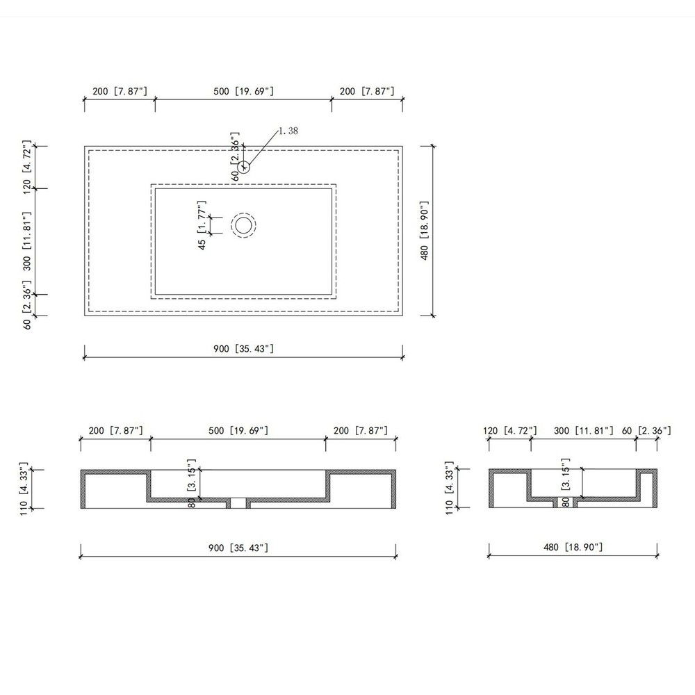 35'' Wall Mounted Bathroom Sink Solid Surface Bathroom Vessel Sink