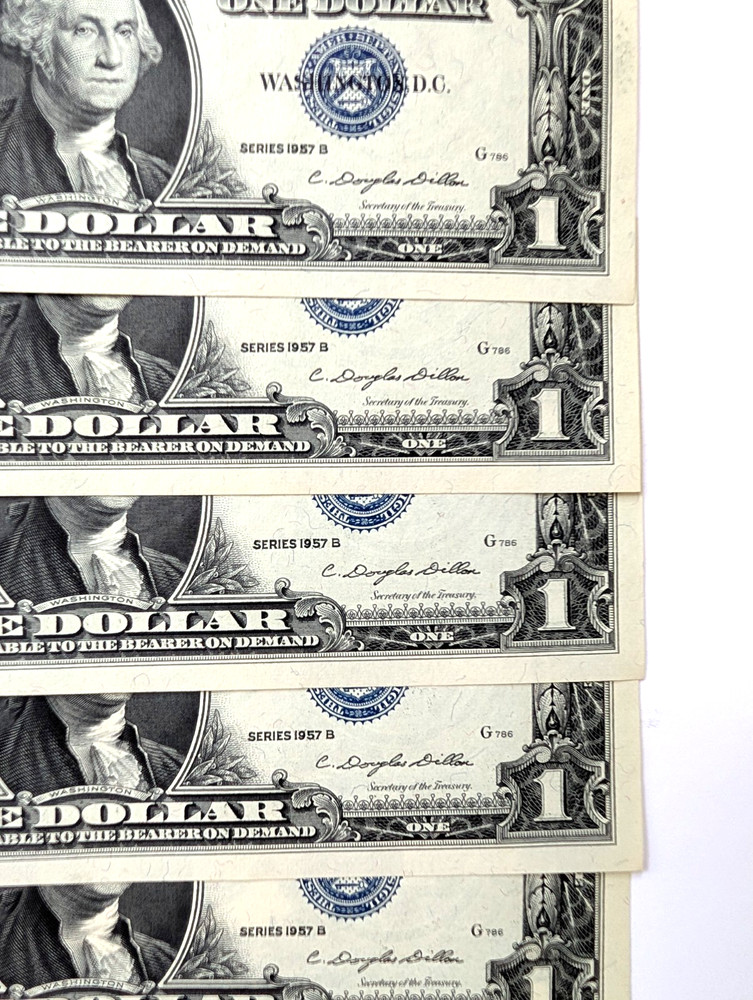 5 Consecutive Uncirculated crisp 1957B $1 Silver Certificates Blue Seal Notes