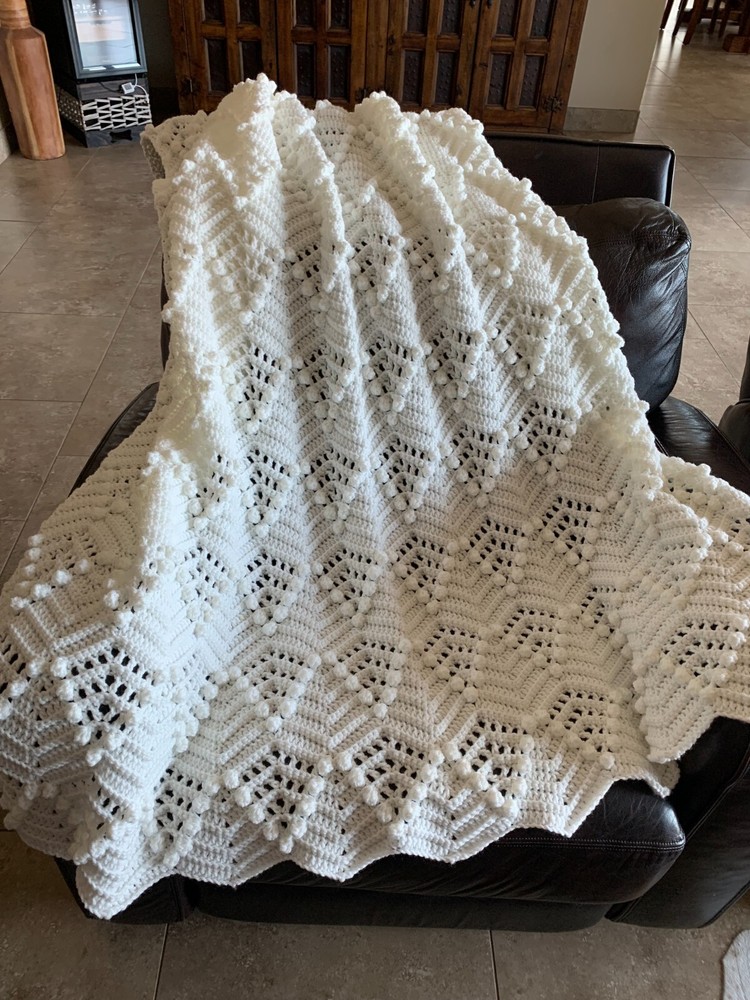 Handmade Home Crocheted Afghan - Bobble Ripple (Soft White)