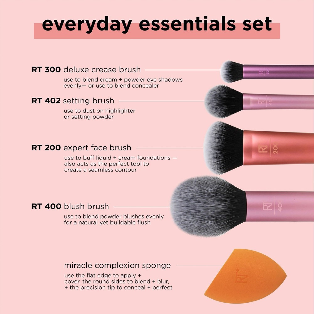 Real Techniques Everyday Essentials Kit, Makeup Brush & Sponge Set, 5 Piece Set