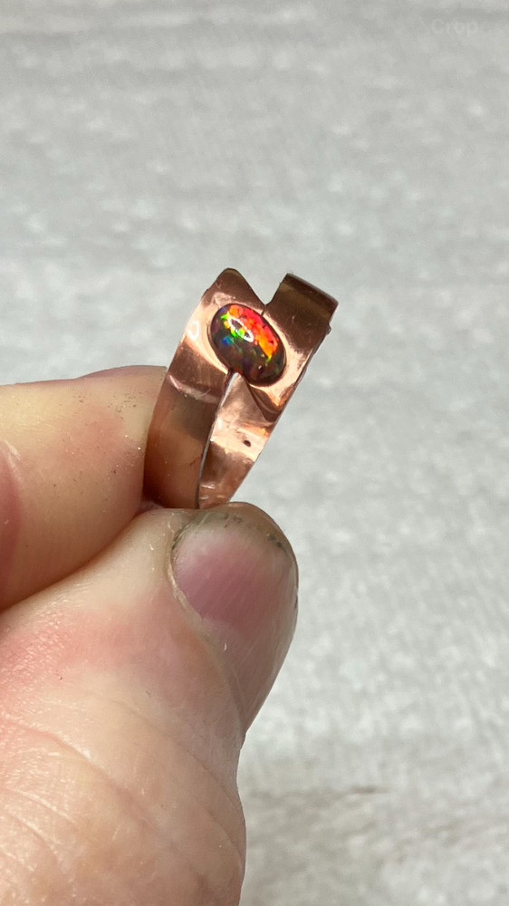 #227B- Hand-Crafted Size 6 Copper Ring with a Cherry Red 6x4 mm Lab Created Opal