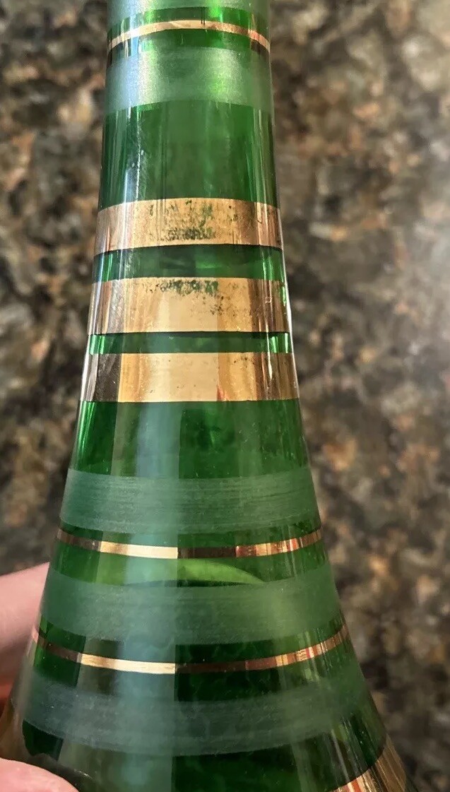 Borske Sklo Gold Banded Green Glass Decanter Mid Century Genie Jeannie Bottle