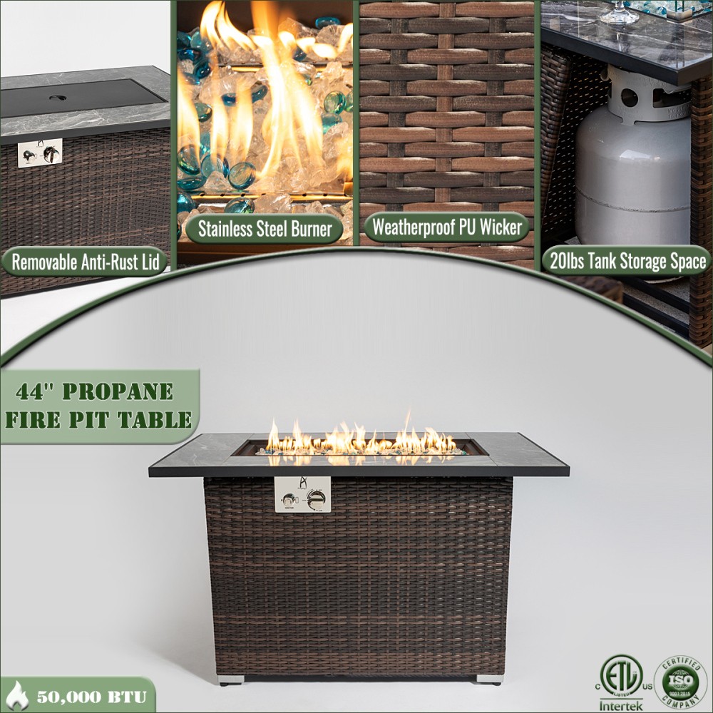 44" Rectangular Propane Fire Pit Table 50,000 BTU, Tile Top & Wicker Base Brown