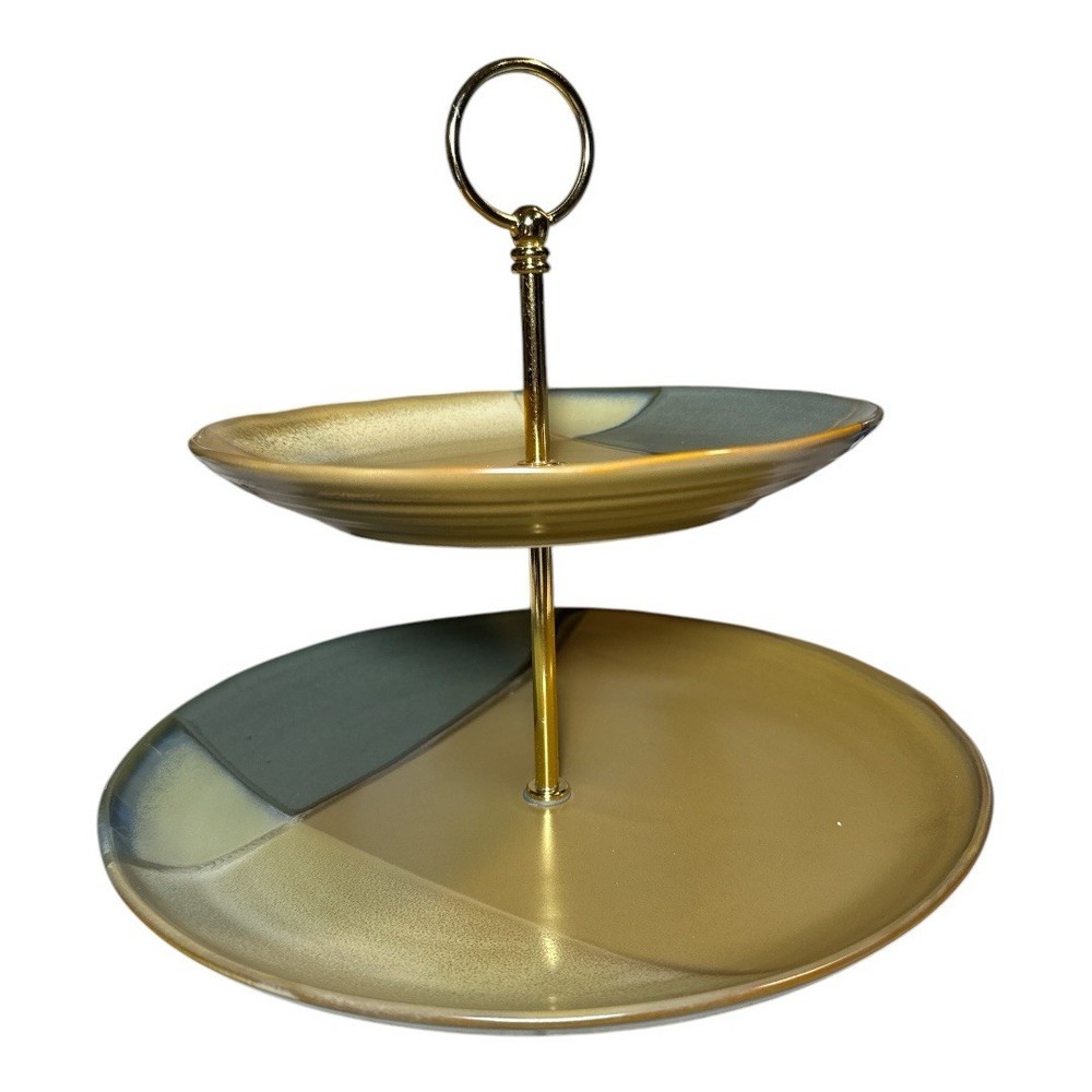 Sango Gold Dusk Green Ceramic Two-Tier Round Serving Tray