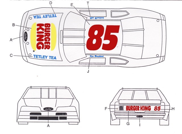 #85 Ken Bouchard Burger King FORD 1/64th HO Scale Nascar Waterslide Decals