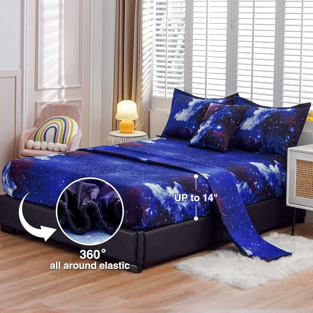 Galaxy 6Pcs Bedding Sets Outer Space Comforter Bed in a Bag 3D Printed Quilt,For