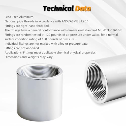 1-1/2" NPT Threaded Full Coupling, Aluminum 6061-T Schedule 40 Pipe Fitting,