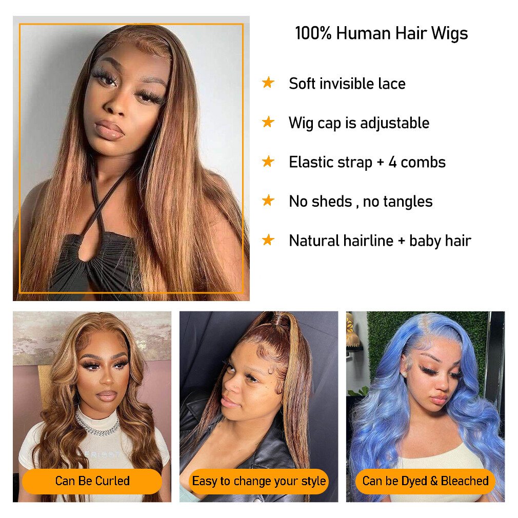 100% Human Hair Wig Ombre Highlight Straight 13X6 Lace Front Wigs Human Hair