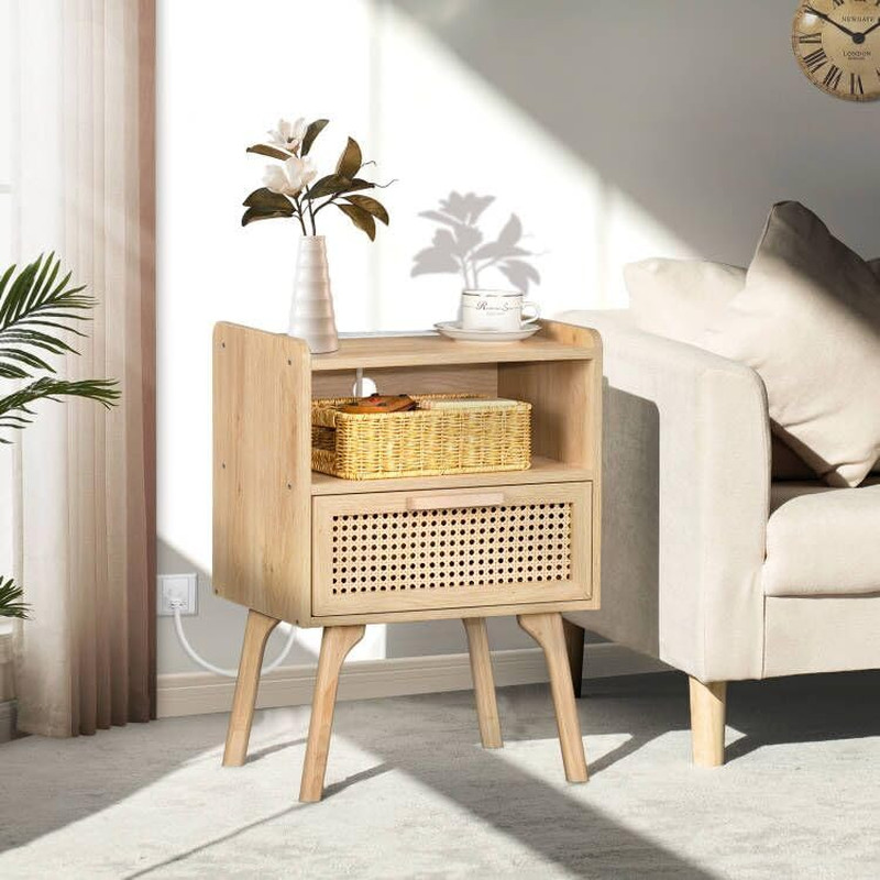 Rattan Nightstand with Charging Station, Boho Side Table with Drawer Open Shelf,
