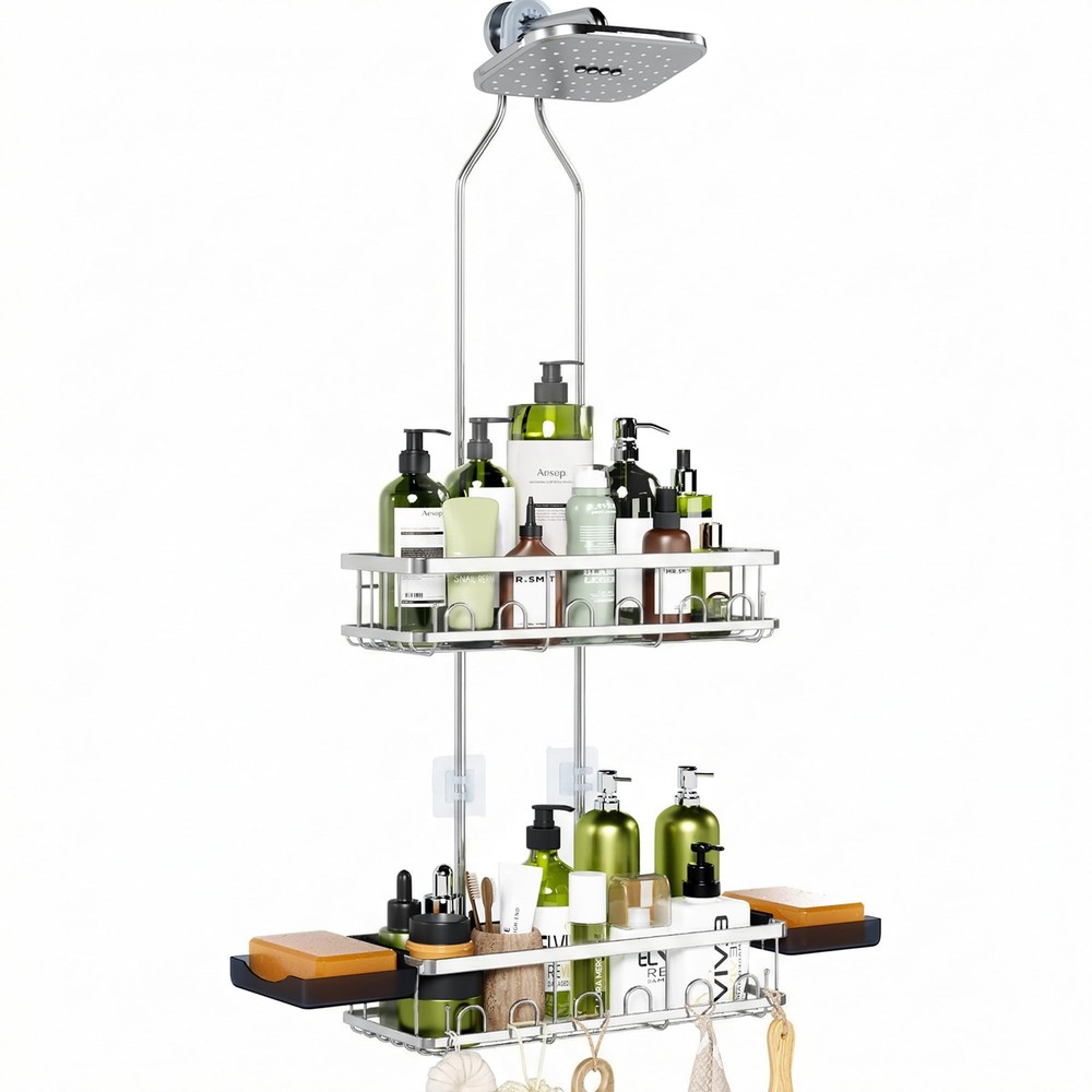 Shower Caddy Hanging: Adjustable Height, Rustproof Shelves with Hooks, 2 Soap...