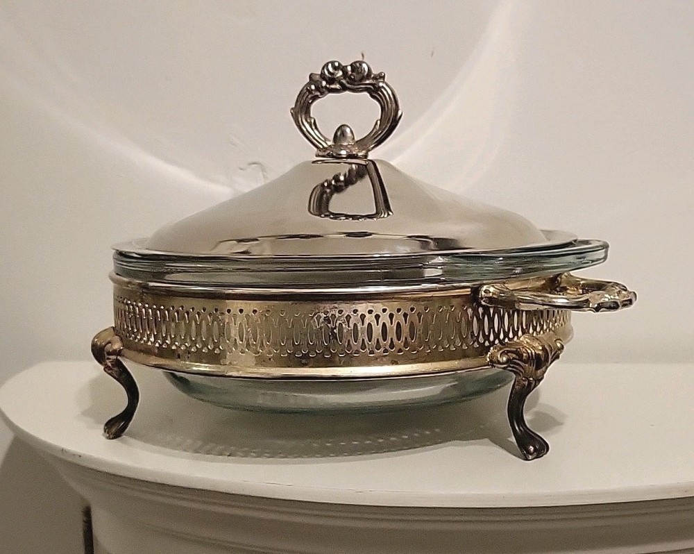 VTG Covered Casserole & Silver Plate 10" Glass Baking Dish Elegant Serving Set
