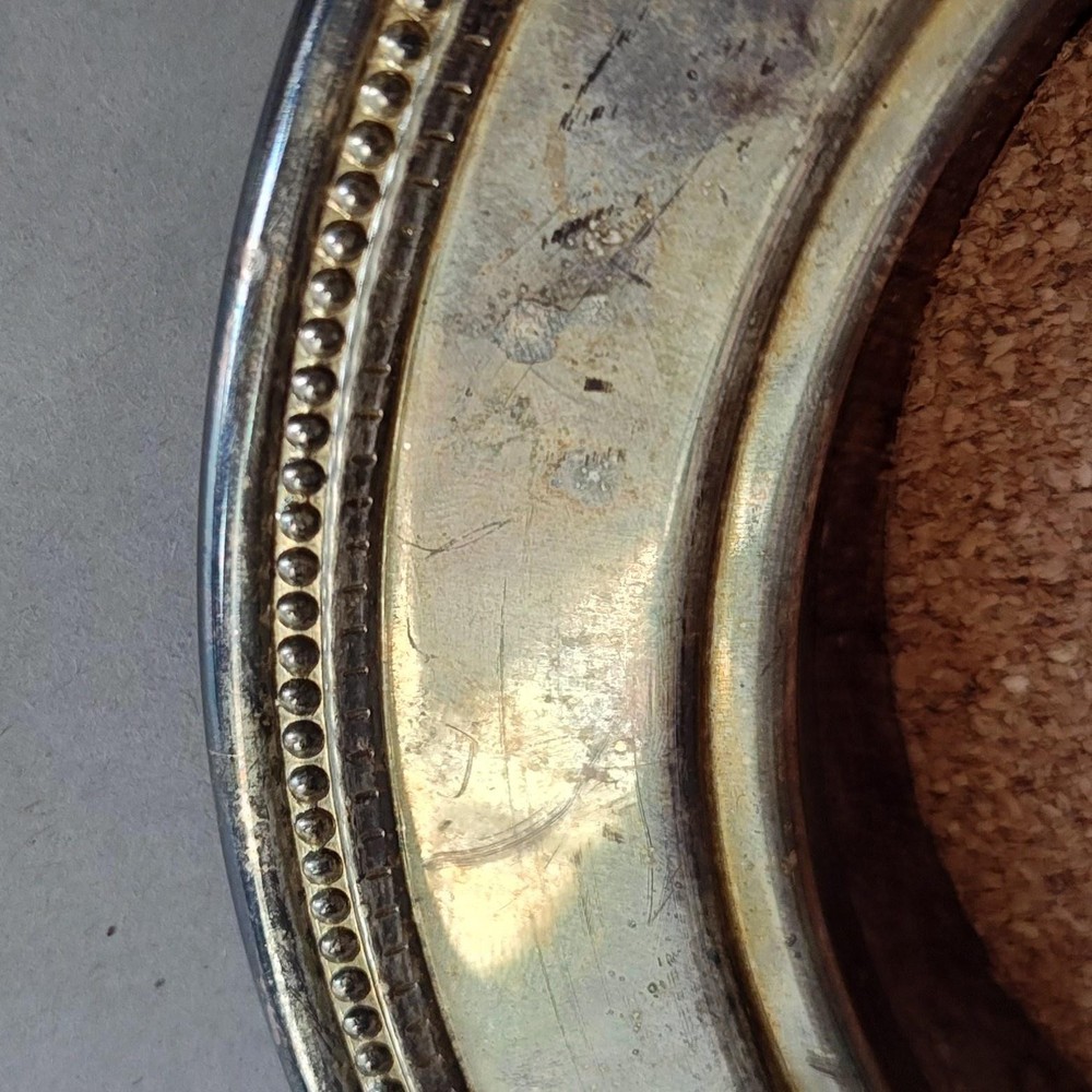 VTG Silverplate Trinket Tray Coaster Cork Insert Ornate Beaded Edge 6.5" Barware