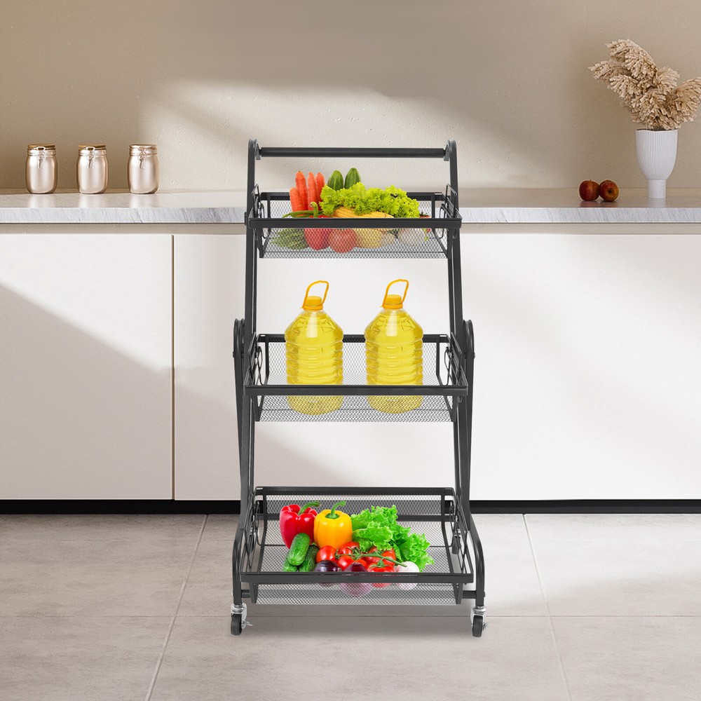 3-Tier Adjustable Metal Rolling Utility Cart, Multi-Functional Storage Cart