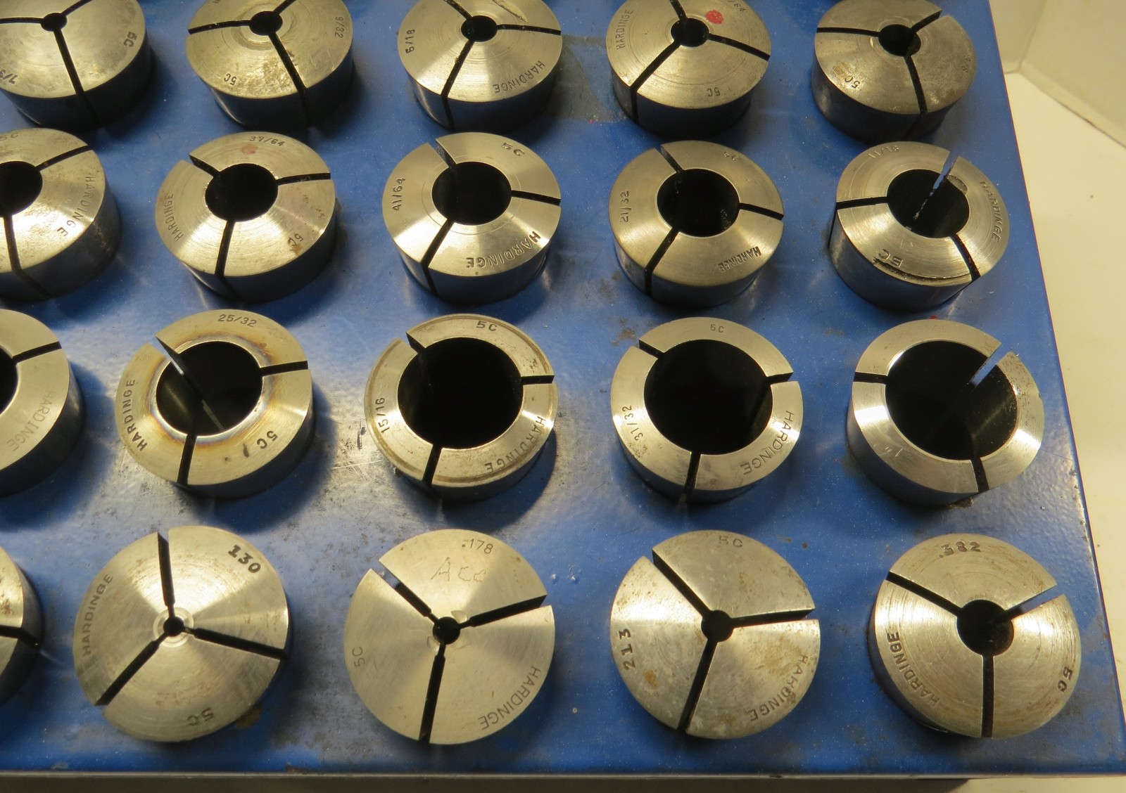 HARDINGE 5C COLLETS - 30 SIZES - 3/32" TO 1-1/16" + RACK + STOPS - LOT #H30-1