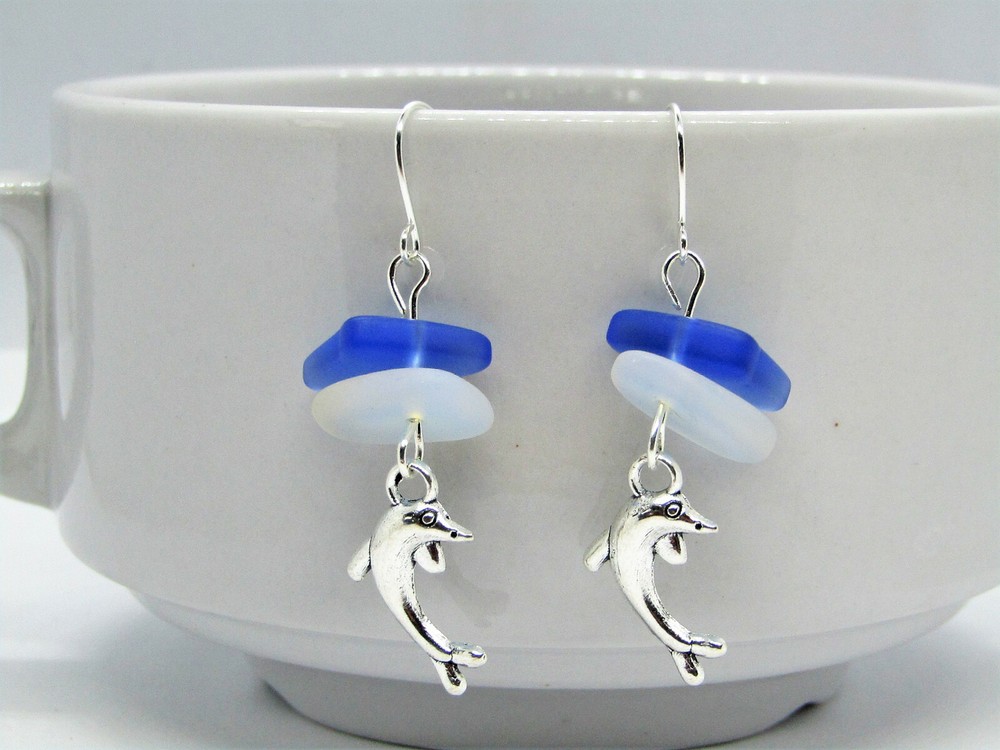 Ocean Lover's Earrings, Beachy Dangles, Seaglass Earrings, Silver