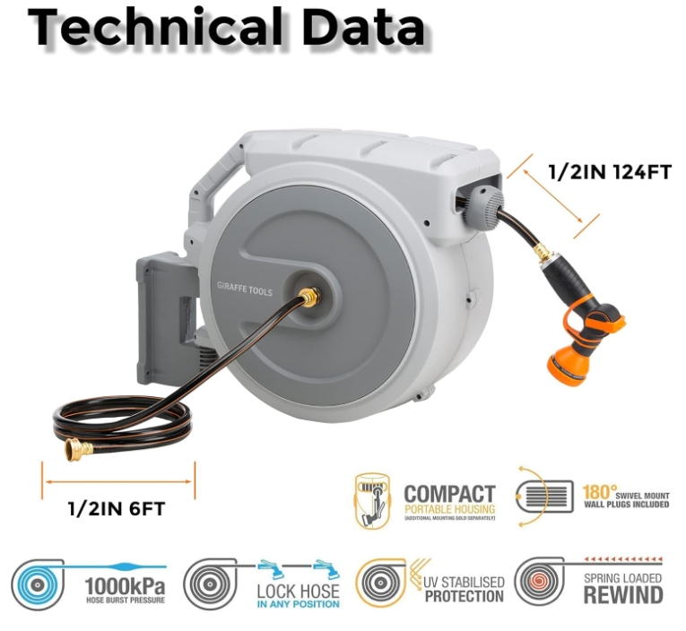 Giraffe Tools Retractable Garden Hose Reel Wall Mounted 130 ft