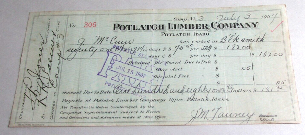 4 Different 1907 Potlatch Lumber Co. Potlatch Idaho Payroll checks, Diff Camps