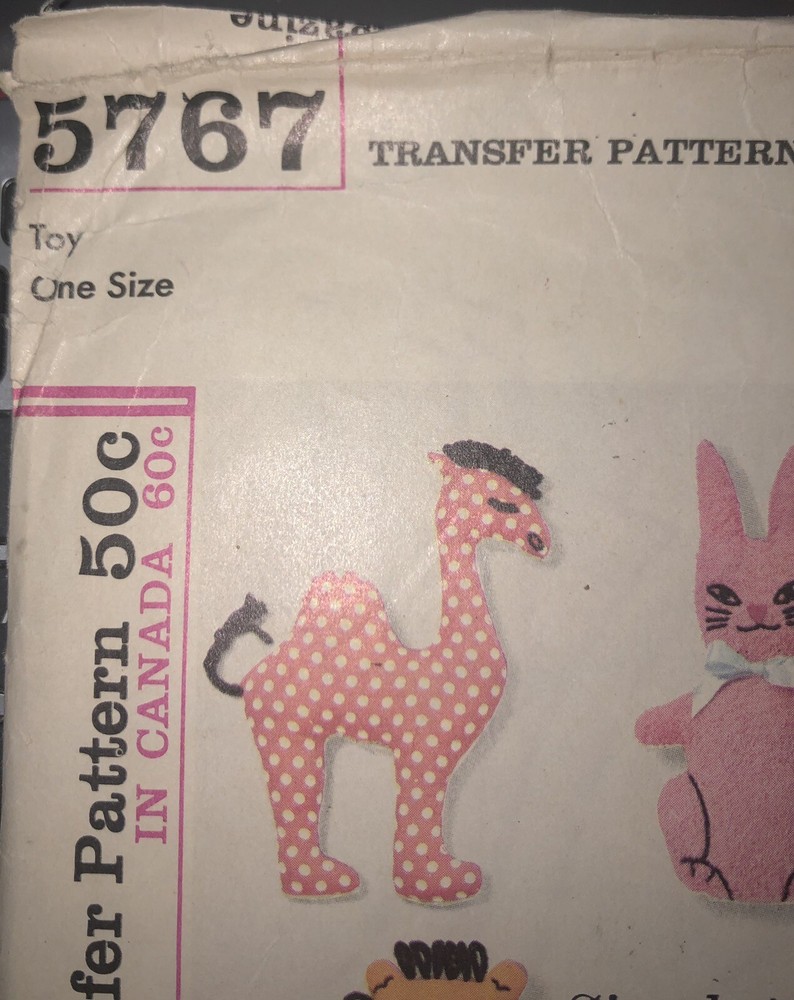 VTG `64 Simplicity 5767 Transfer Sewing Pattern 8 Different Stuffed Animals FF
