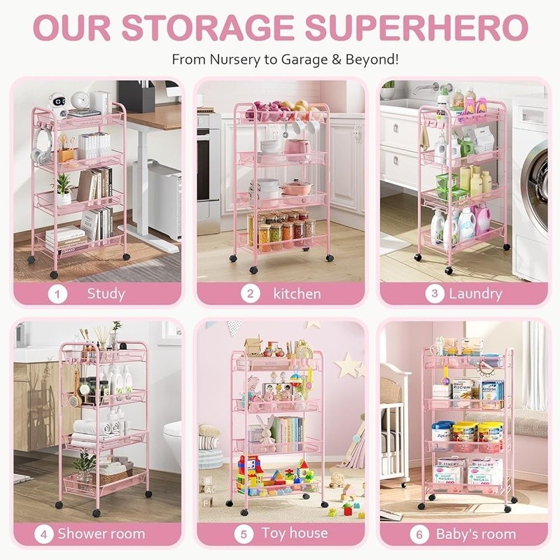 Rolling Storage Cart W/ Mesh Baskets Hooks Quiet Wheels Multi-Function Organizer