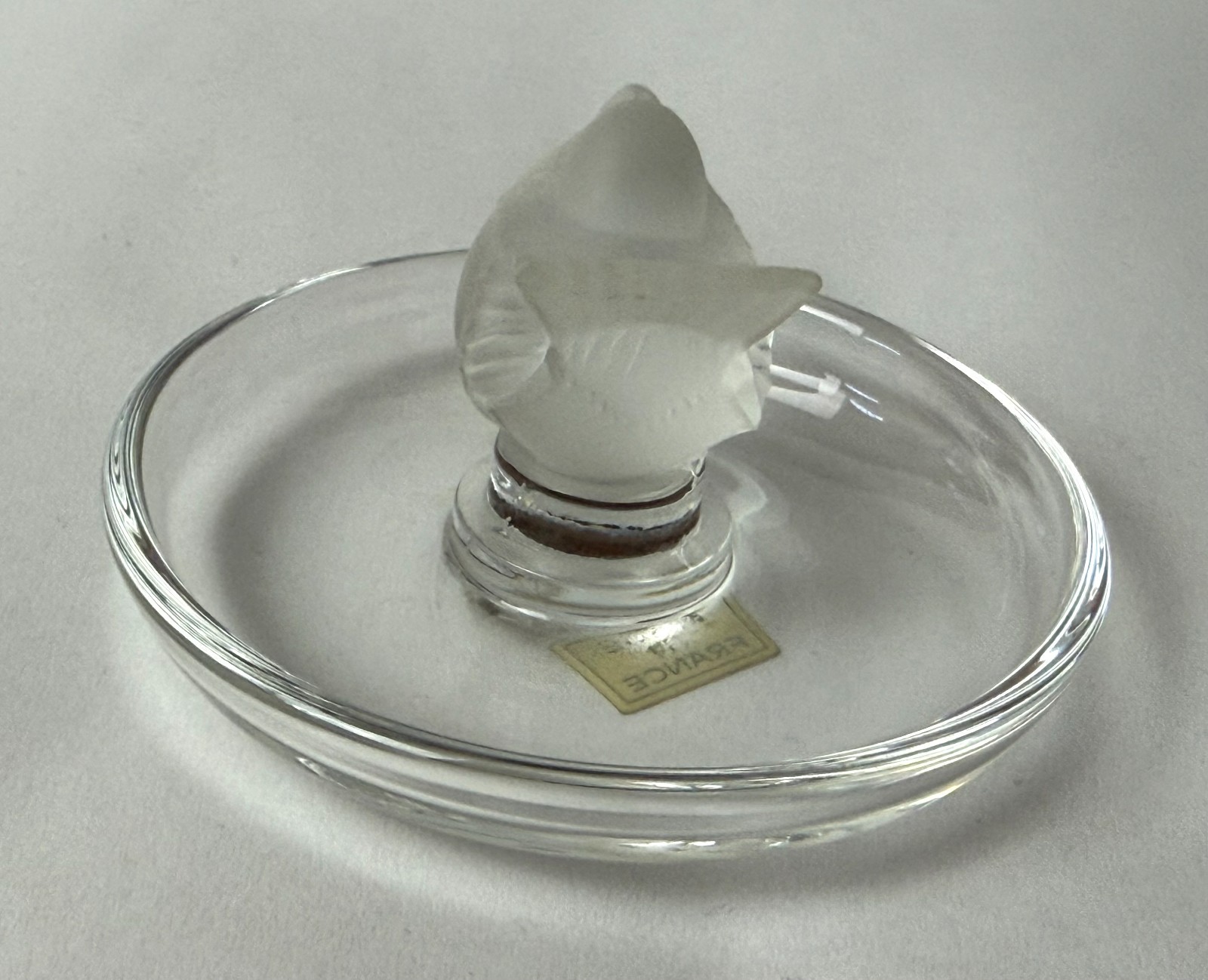Lalique Pinson Finch 1970s Art Glass Ring Dish Clear & Frosted Crystal 2” Tall