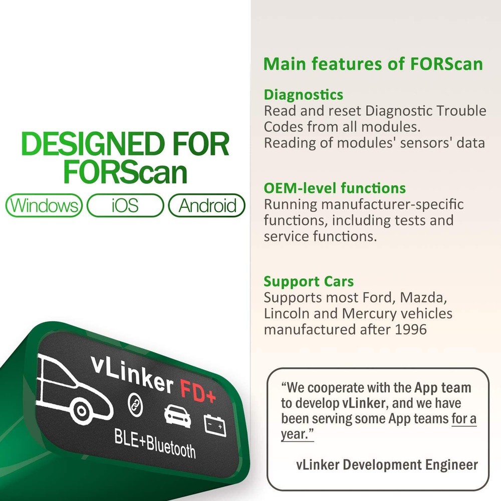 Vgate vLinker FD Plus OBD2 Adapter Bluetooth BLE Scanner FORScan for iOS Android