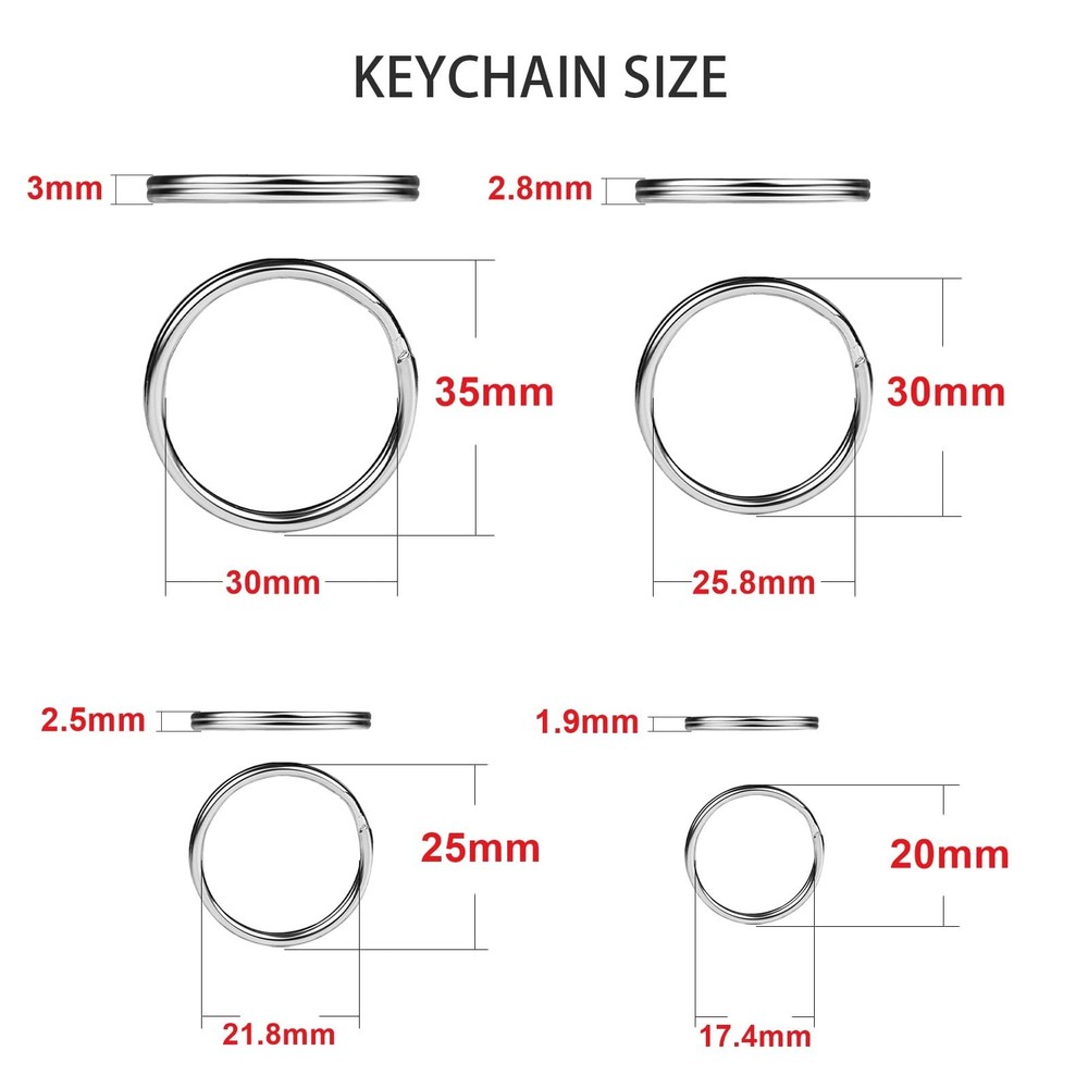 40 Pack Silver Key Ring Keychain Assorted in 4 Sizes Metal Round Split Key Chain
