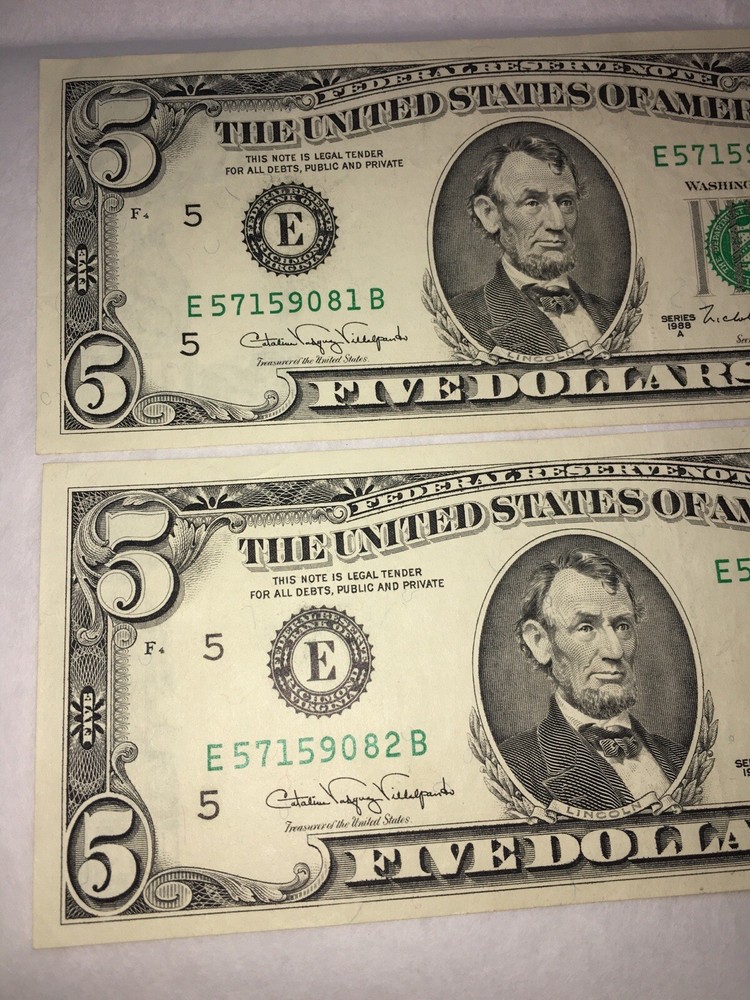 2 Consecutive 1988A $5 FRN's - Both w/ Major Obstructed Printing Error Reverse