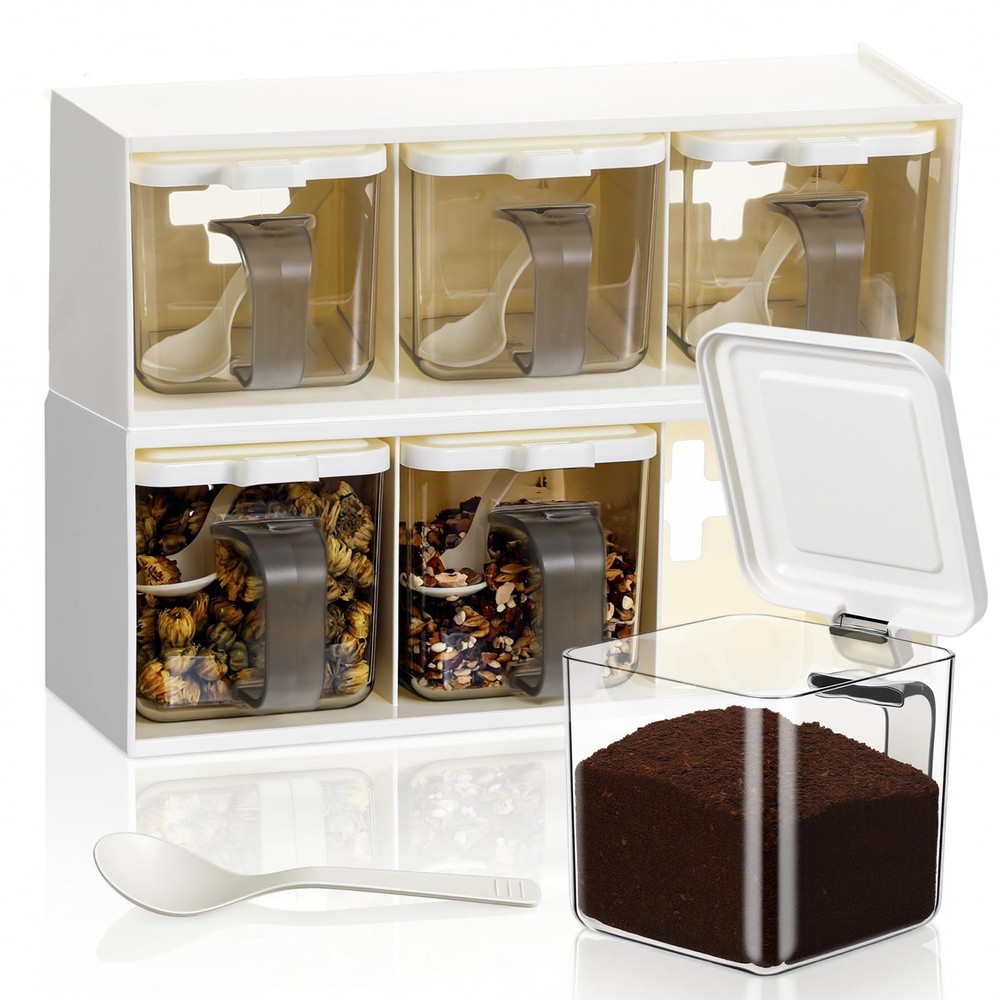 3-Grid Stackable Spice Container Set: Clear Seasoning Box with Spoons & Handle