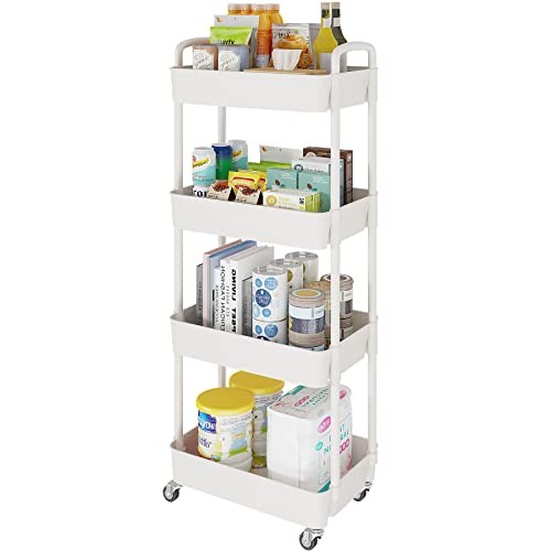 Storage Carts,Multifunction Utility Rolling Cart Kitchen Storage 4-Tier White