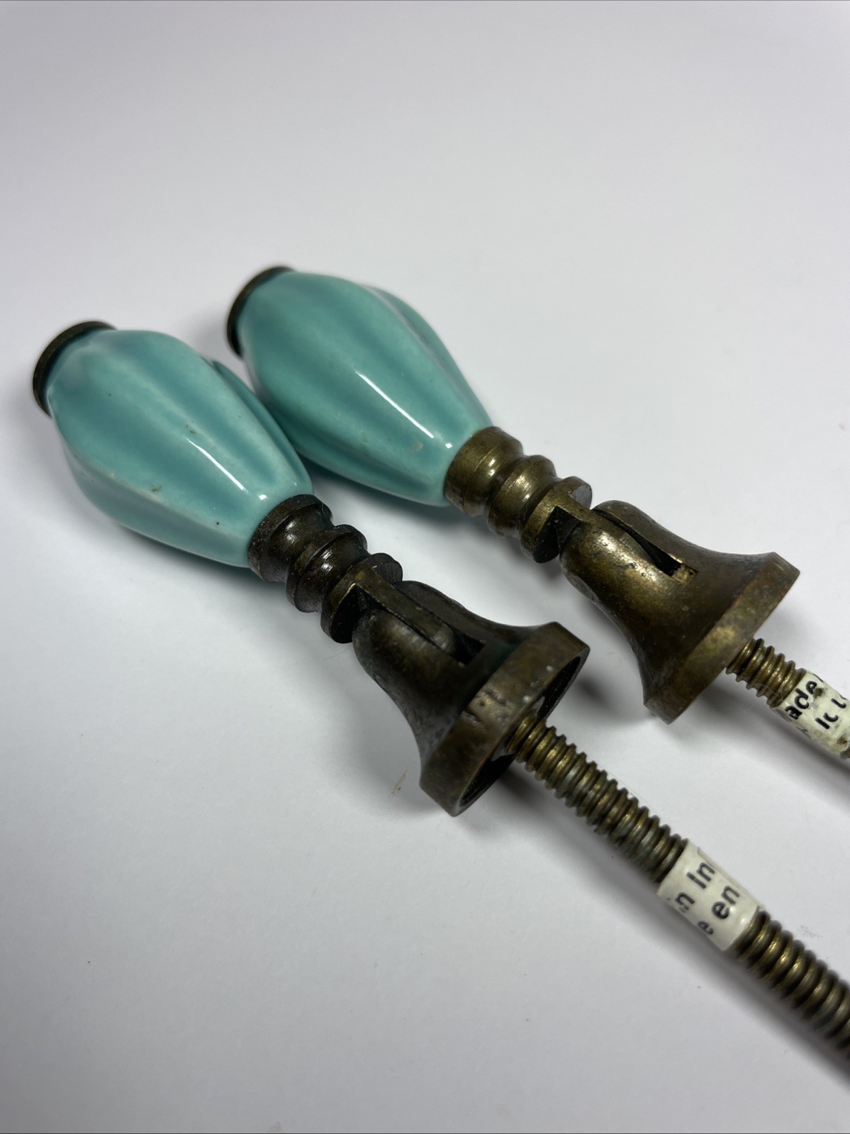 Vintage Pair Teal Turquoise Ribbed Ceramic Brass Drop Pulls Made In India