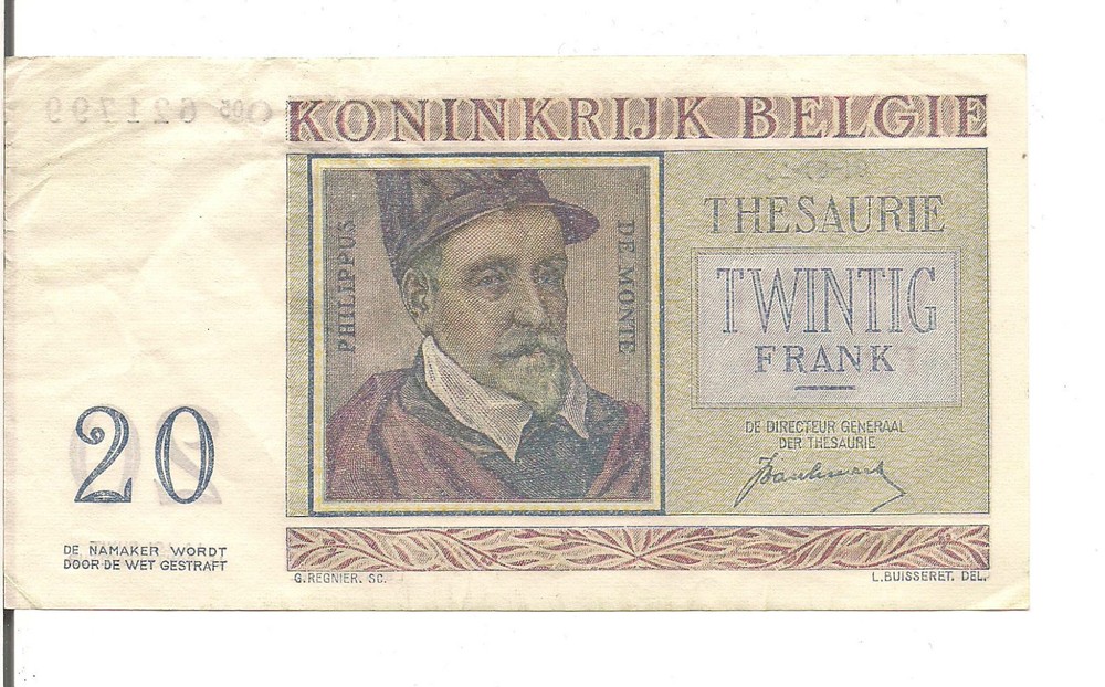 BELGIUM, 20 FRANCS, 1950
