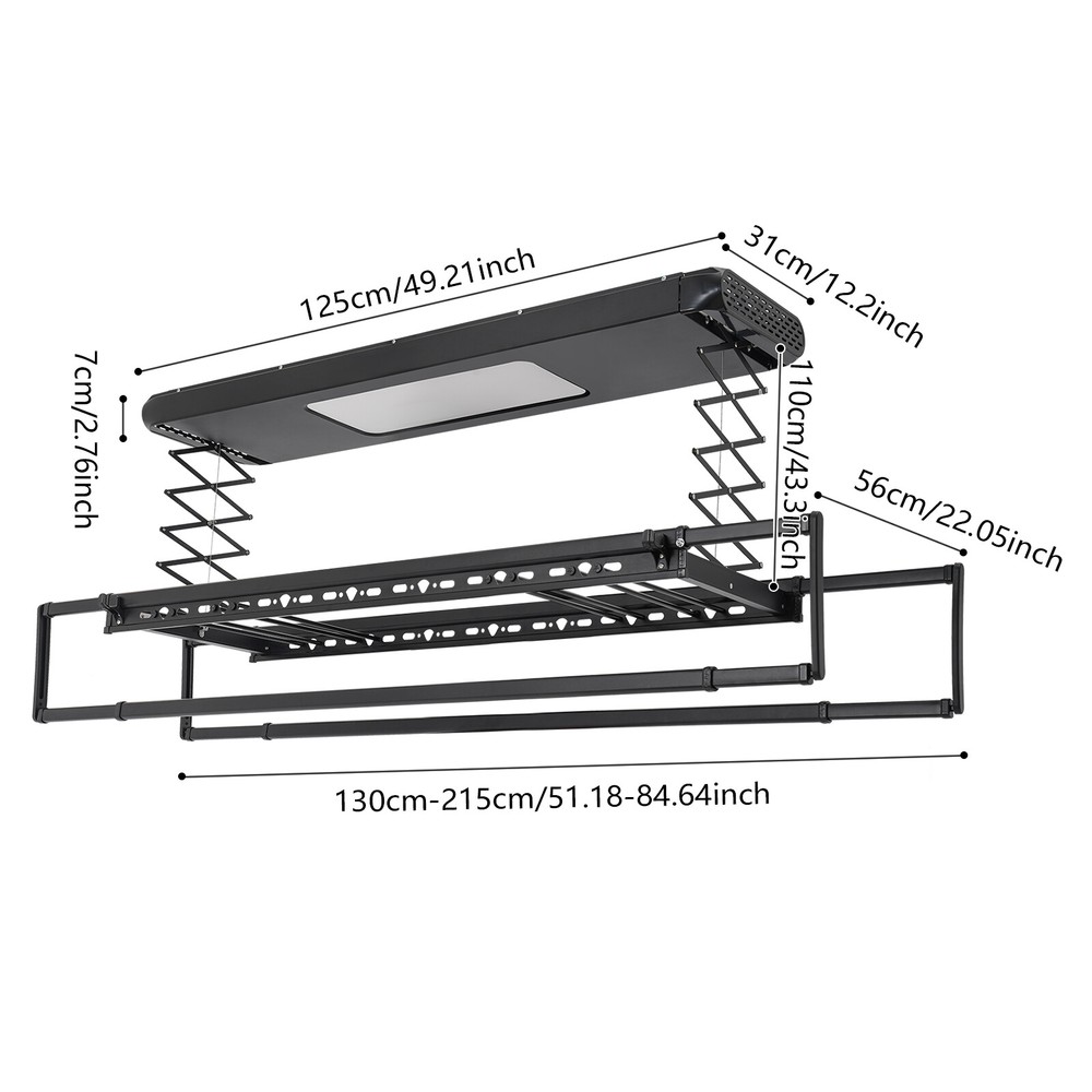 Electric Retractable Airing Rack with 8 Rods, Remote Control & LED Light