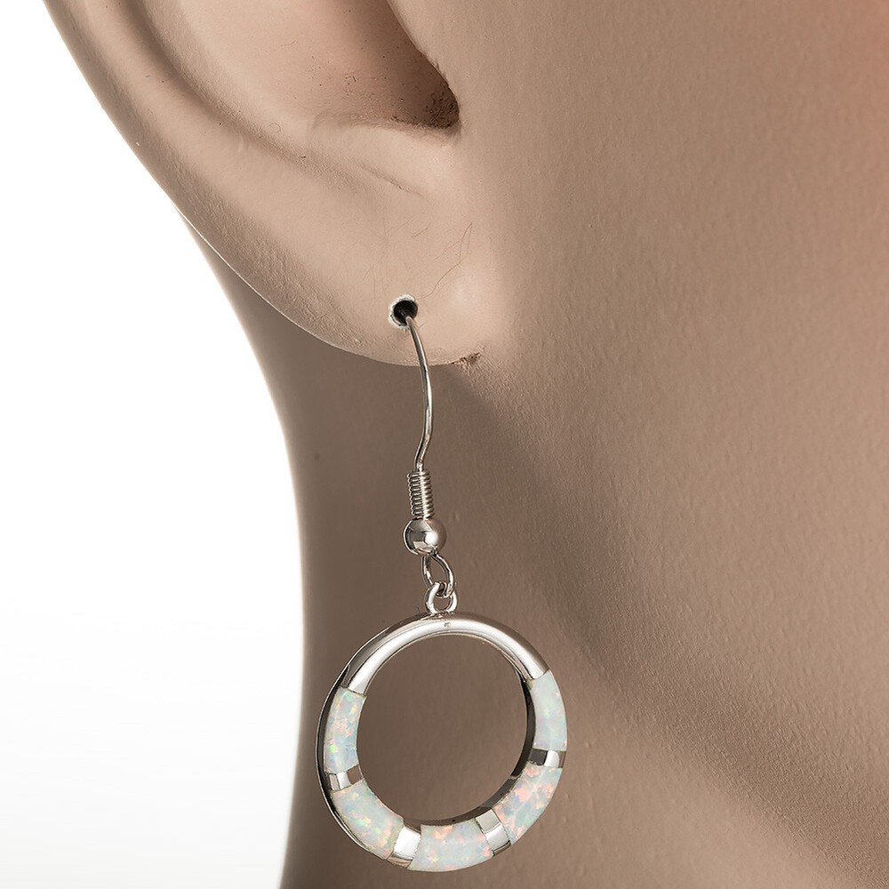 Circular Ring Shape White Fire Opal Silver Jewelry Dangle Drop Earrings
