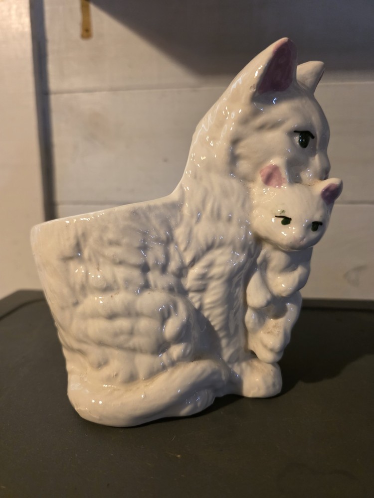 Vintage Cat Holding Kitten Ceramic Planter