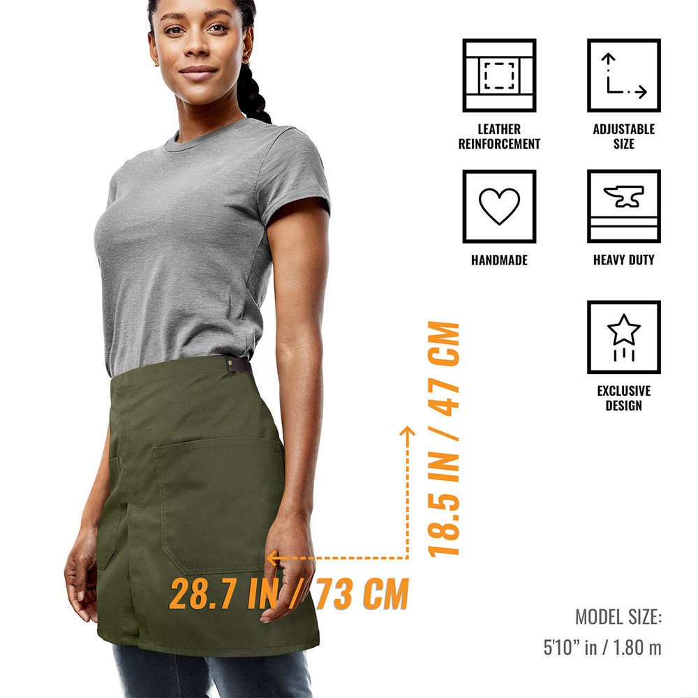 Half Apron - Genuine Leather Straps & Loops - Split-Leg - Restaurant, Waitstaff