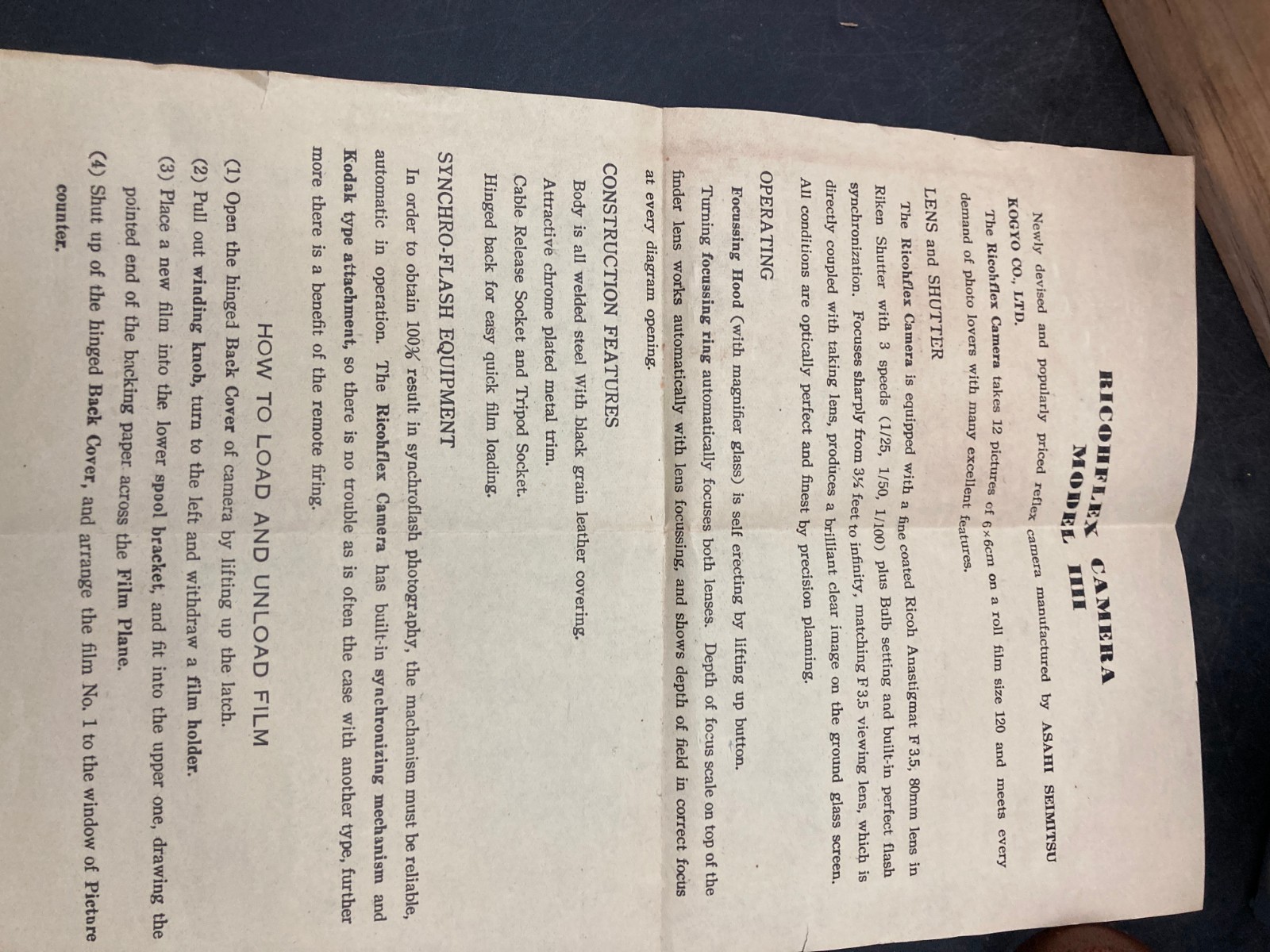 Ricohflex Model IV Vintage Camera with Box/Info Sheet Untested