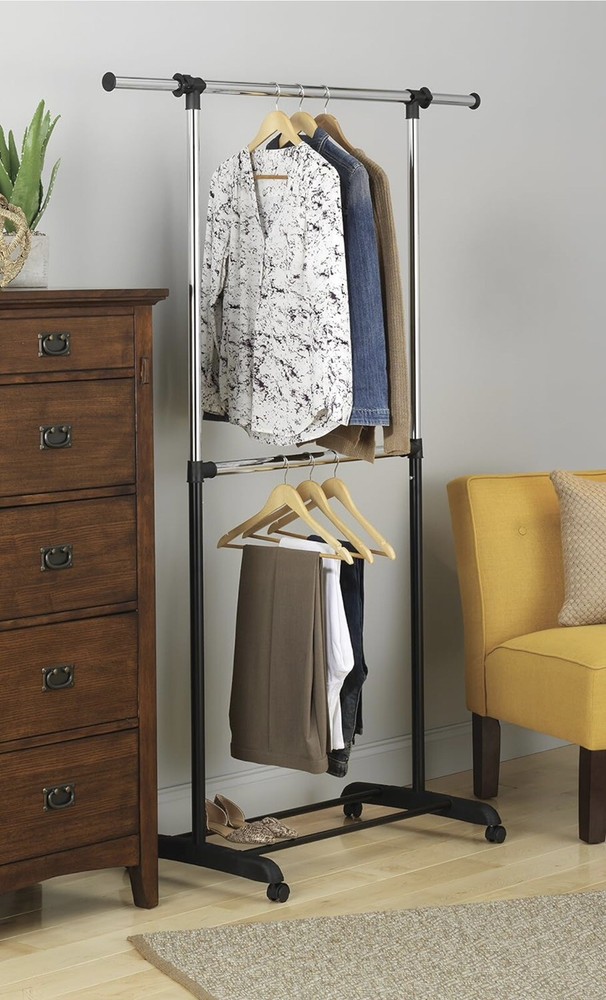 Adjustable 2-Rod Garment Rack Rolling Clothes Organizer Rack