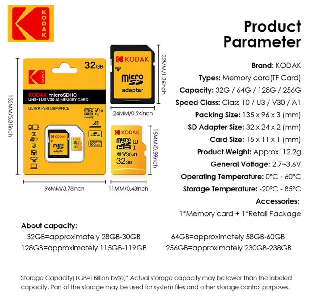 KODAK Micro SD Card + Adapter | 32GB Class 10, A1 Flash Memory
