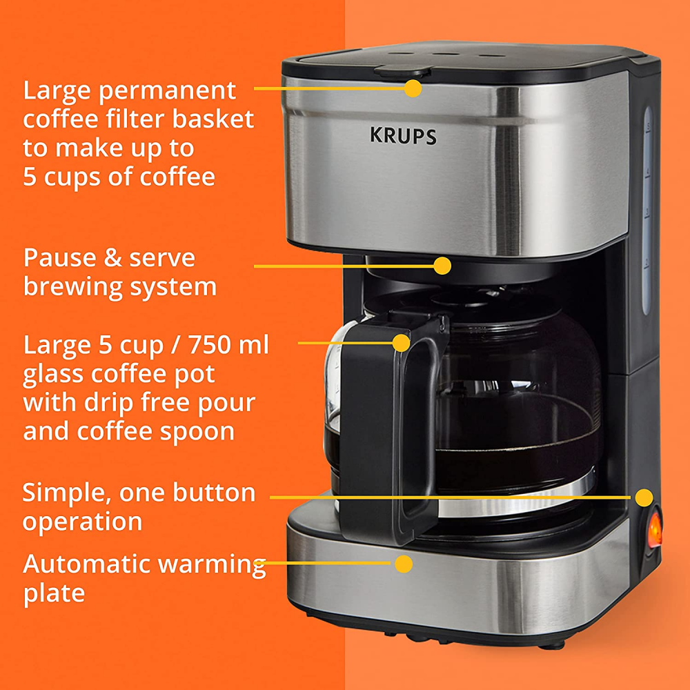 KRUPS Simply Brew Compact Filter Drip Coffee Maker, 5-Cup, 5-cup, Silver